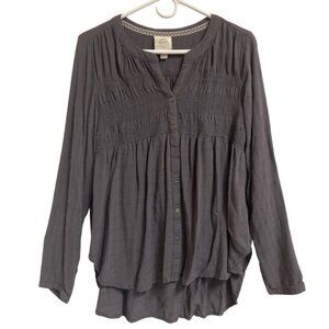 Women's KNOX ROSE Long Sleeve Smocked Button-Up Peasant Blouse GRAY Size XL